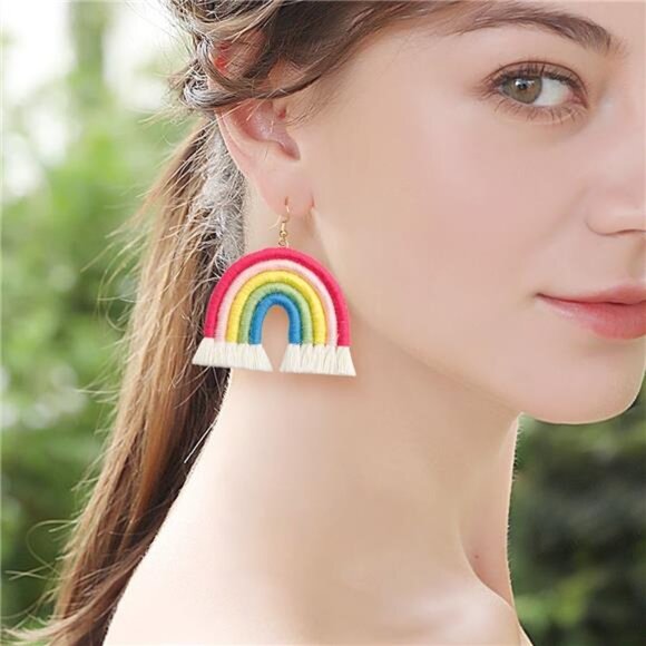 Boho Rainbow Layered Tassel Earrings Handmade Macrame Fringe Drop Earrings Gift - Picture 3 of 8